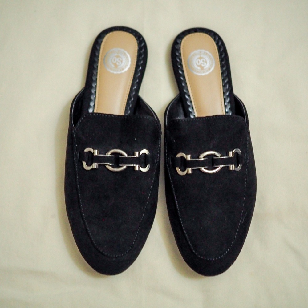 *SOLD* NWOT SO Black Faux Suede Slip-on Mules, fit like a size 8